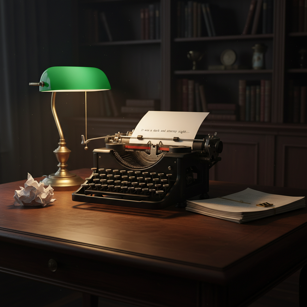 A dark, richly grained writing table illuminated only by a single green-shaded banker’s lamp, its warm, focused light spilling onto an old-fashioned typewriter with round black keys and glossy metal arms. A sheet of crisp white paper is rolled into the carriage, bearing the first few typed lines of a story’s opening paragraph. To the side, a small stack of rejected, crumpled pages contrasts with one neatly stacked pile of revised drafts secured with a brass clip. The surrounding study fades into velvety shadow, with only a hint of overflowing bookshelves visible. Photographic realism with dramatic side lighting and a low, intimate angle creates a moody, sophisticated atmosphere, symbolizing both the struggle and quiet triumphs of the writing process.
