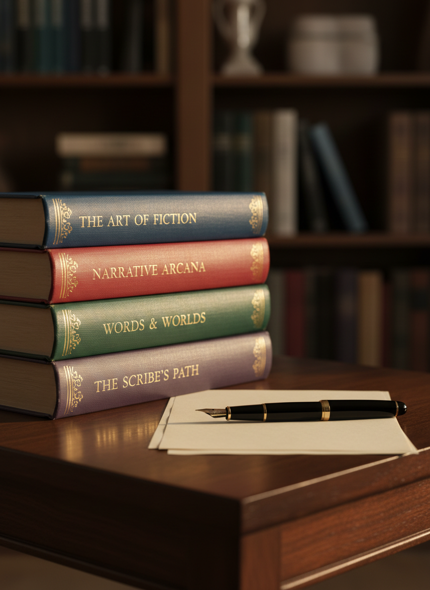 A close-up, photographic view of a stack of well-loved hardback books with textured cloth covers in muted jewel tones, their spines embossed with delicate gold typography about writing and storytelling. They rest on a dark walnut side table beside a single, neatly folded sheet of creamy paper and a black lacquered fountain pen with a gleaming nib. Soft afternoon light from an unseen window grazes the scene, creating rich shadows between the books and subtle reflections on the pen. The background falls into a warm, elegant blur of bookshelves. Composed using the rule of thirds, with a shallow depth of field, the image feels sophisticated and scholarly, evoking the study of craft and the evolving journey of a dedicated writer.
