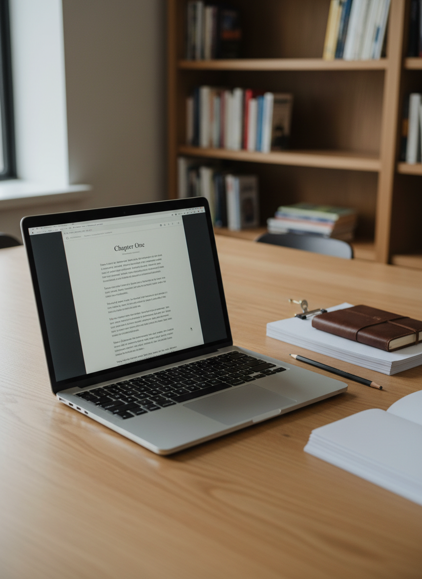 An open silver laptop with a minimalist design sits on a clean oak table, its screen displaying a nearly finished manuscript page with elegant serif text and a centered title, “Chapter One.” Beside it lies a slim leather notebook, a graphite pencil, and a small, tidy stack of printed manuscript pages clipped together. The scene is set in a quiet home library with tall, softly blurred bookshelves in the background. Overcast natural light filters through an unseen window, creating a gentle, even illumination with faint, graceful shadows. Captured from a slightly elevated angle in photographic realism, the composition balances technology and tradition. The atmosphere is focused, refined, and aspirational, reflecting the disciplined progress of an emerging author polishing their work.