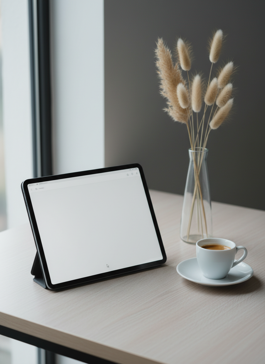 A minimalist writer’s corner featuring a slim, matte-black tablet displaying a clean writing app with an empty page and a blinking cursor, resting on a pale ash wood desk. Next to it, a porcelain saucer holds a half-finished espresso in a thin-walled, white cup with a subtle gloss. Behind, a single, elegant glass vase contains a few dried pampas stems in soft beige tones. Diffused, cool daylight streams through a large nearby window, creating soft reflections on the tablet screen and gentle, feathered shadows from the pampas. Captured at an eye-level angle in photographic realism, with a shallow depth of field, the composition feels refined, modern, and contemplative, evoking the sophisticated quiet right before an aspiring writer begins a new piece.