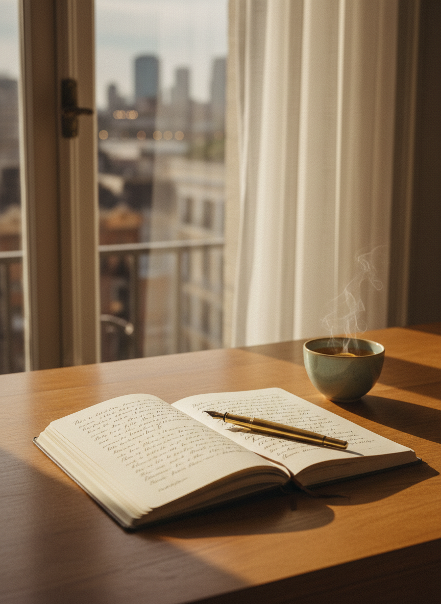 A vintage-inspired wooden writing desk with a smooth, honey-toned surface, scattered with an open linen-bound notebook filled with neat handwritten lines in dark ink, a slender brass fountain pen resting across the page, and a small ceramic cup of tea releasing a faint curl of steam. The desk sits near a tall window framed by sheer white curtains, overlooking a softly blurred cityscape at dusk. Golden hour light washes across the desk, creating gentle highlights on the pen and subtle shadows from the cup. Photographic realism, shot at eye level with a shallow depth of field, emphasizing intimacy and reflection. The mood is sophisticated, calm, and contemplative, perfectly capturing the quiet ritual of an aspiring writer at work.
