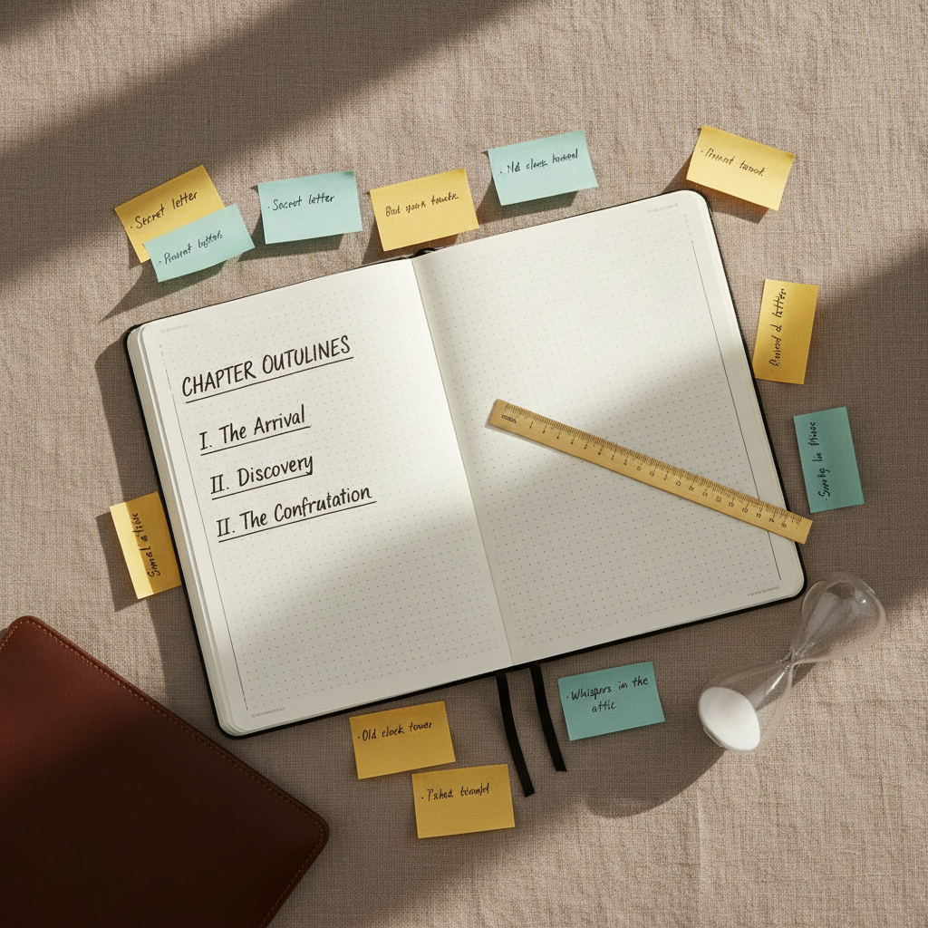 A meticulously arranged flat lay of a writer’s planning session on a textured linen tablecloth in a warm taupe shade. At the center lies a dotted ivory bullet journal open to a neatly organized spread of chapter outlines, each heading underlined in fine black ink. Around it are color-coded sticky notes with tiny, handwritten plot points, a slim brass ruler, and a minimalist sand hourglass partially emptied. A dark chocolate-colored leather folio peeks from the edge of the frame. Soft morning daylight from a nearby window falls diagonally across the scene, casting delicate, elongated shadows. Shot directly from above with photographic realism, the composition feels intentional, sophisticated, and quietly industrious, capturing the behind-the-scenes structure and planning of an aspiring novelist’s journey.